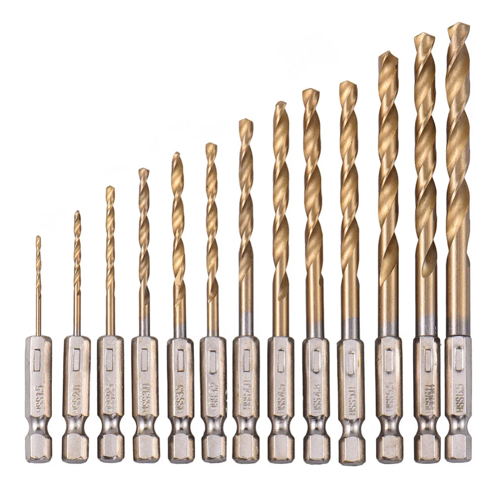13pcs Titanium Coated Drill Bit Set HSS High Speed Steel 1/4 Hex Shank Woodworking Cutter 1.5-6.5mm For Power Tools
13pcs Titanium Coated Drill Bit Set HSS High Speed Steel 1/4 Hex Shank Woodworking Cutter 1.5-6.5mm For Power Tools