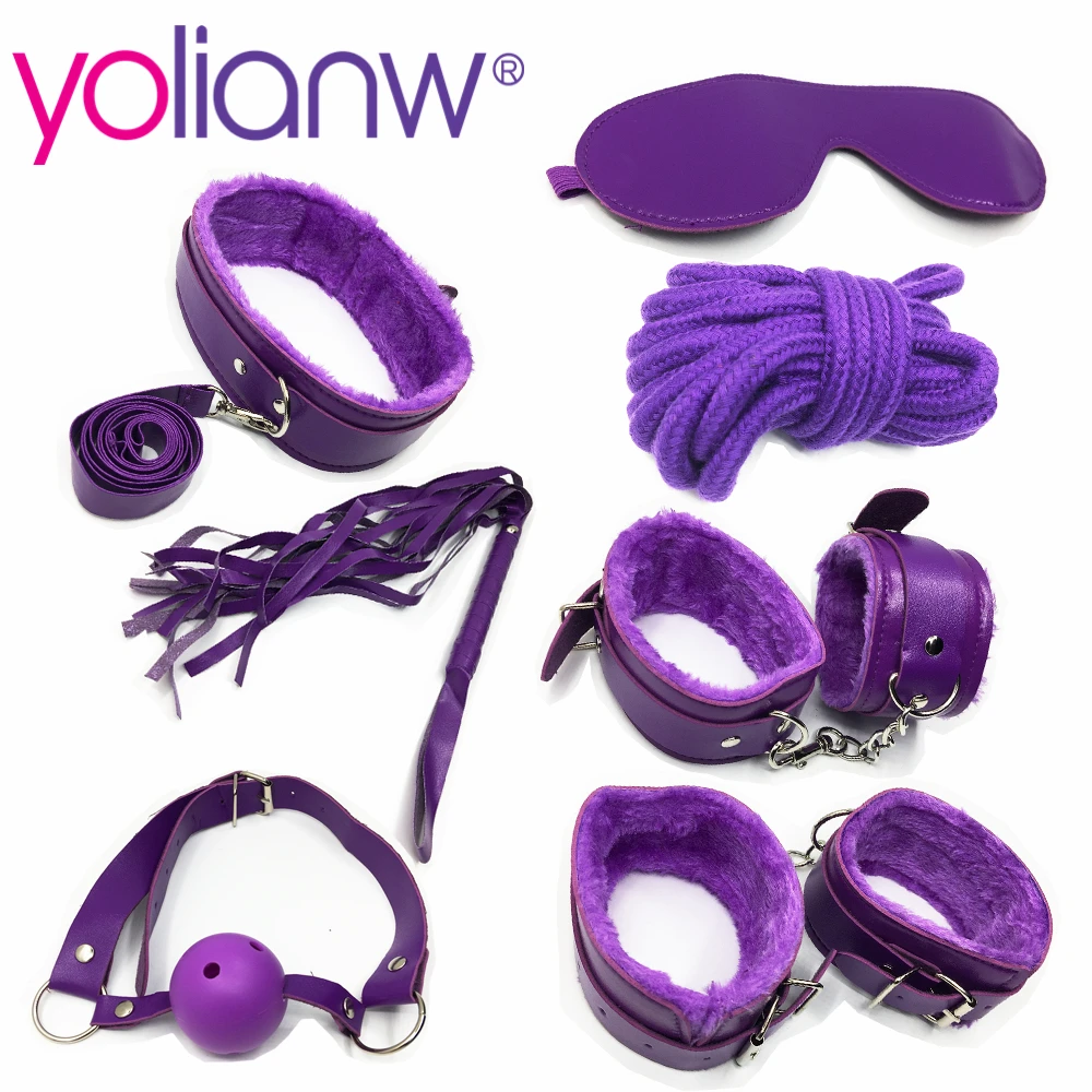 yolianw Sexy 7 Pcs/Set Kit Fetish Sex Bondage Sex Toys for Couples, Nipple Clamps Foot Handcuff Ball Gag Whip Collar Eye mask 3