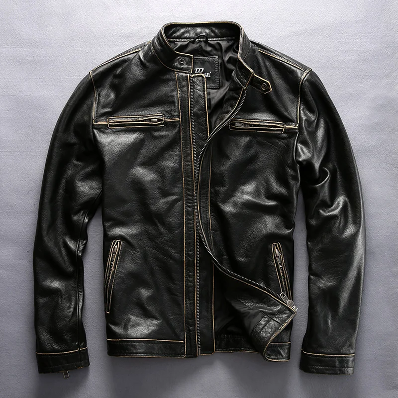 Men's vintage genuine leather jacket with pockets korean style stand collar slim fit cow leather coat men motorcycle jacket male
Men's vintage genuine leather jacket with pockets korean style stand collar slim fit cow leather coat men motorcycle jacket male