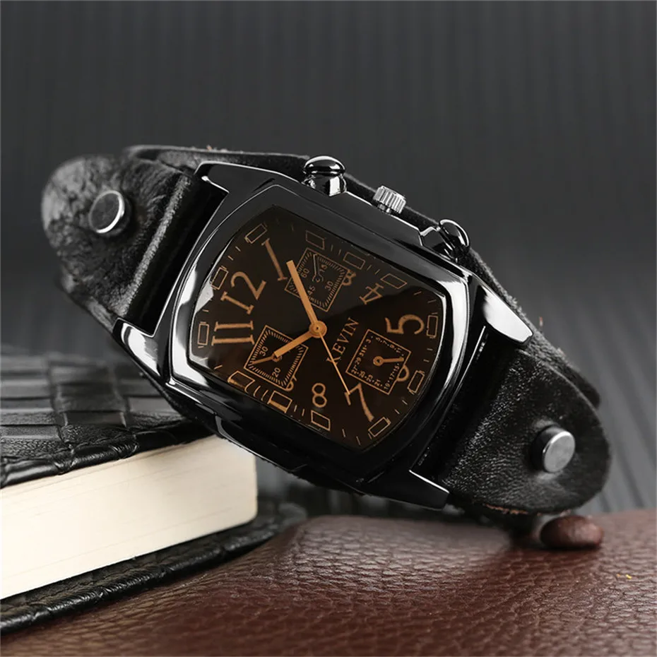 KEVIN Male Arabic Number Wrist Watch Sport Fashion Men Casual Cool Simple PU Leather Band Strap Gift Quartz Punk Rectangle Dial (18)