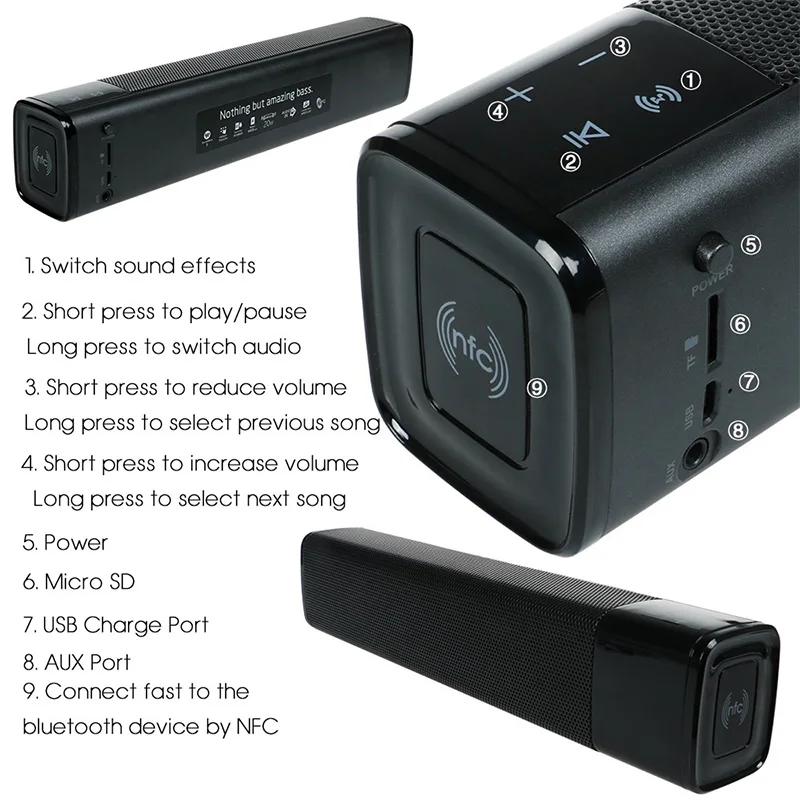 VTIN Wireless Bluetooth 5.0 Speaker Portable Soundbar Super Bass Stereo Loudspeaker Long-Standby with Touch NFC Black AUX (2)