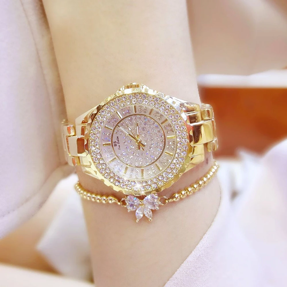 Женские наручные часы золотые из нержавеющей стали с золотыми бриллиантами