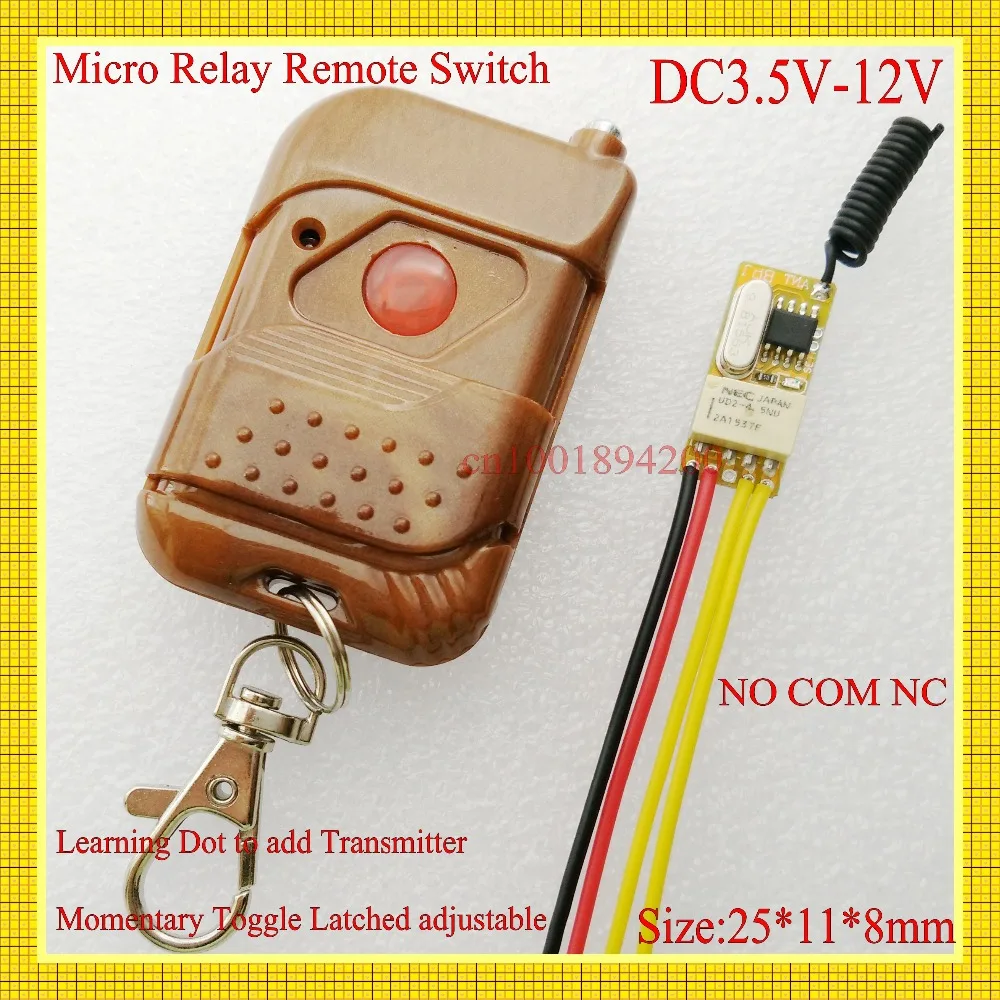 DC3.5V-12V Mini Relay Receiver Remote Control Switches DC3.7V 4.5V 5V 6V 7.4V 9V 12V NO COM NC Micro Wireless LED Power Switch
DC3.5V-12V Mini Relay Receiver Remote Control Switches DC3.7V 4.5V 5V 6V 7.4V 9V 12V NO COM NC Micro Wireless LED Power Switch