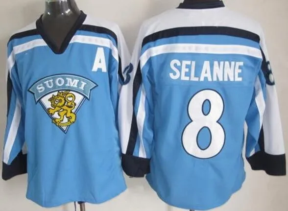 

Finland Suomi 27 Teppo Numminen 8 TEEMU SELANNE Hockey Jersey Mens Embroidery Stitched any number and name Jerseys