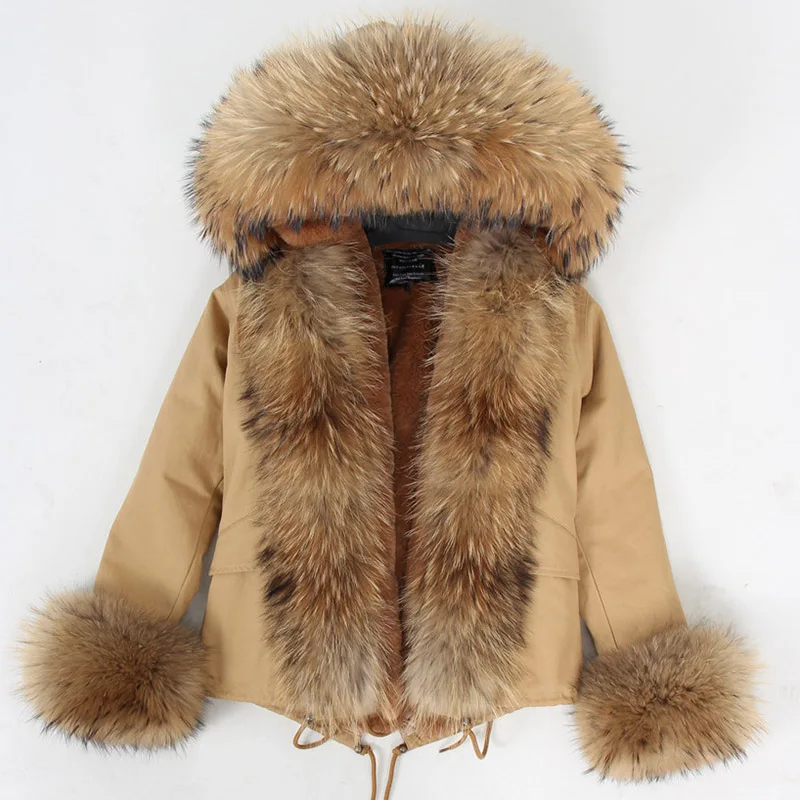 

Maomaokong khaki short color Parka Winter Jacket Women Parkas Real Fur Coat Natural Raccoon Fur Hood Artificial Fur Liner Luxury