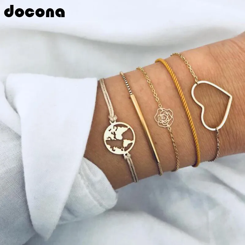 

Docona Women Bohemia Gold Heart Map Hollow Rose Flower Rope Bracelets Set Layered Adjustable Bracelet Jewelry Bangles 5618