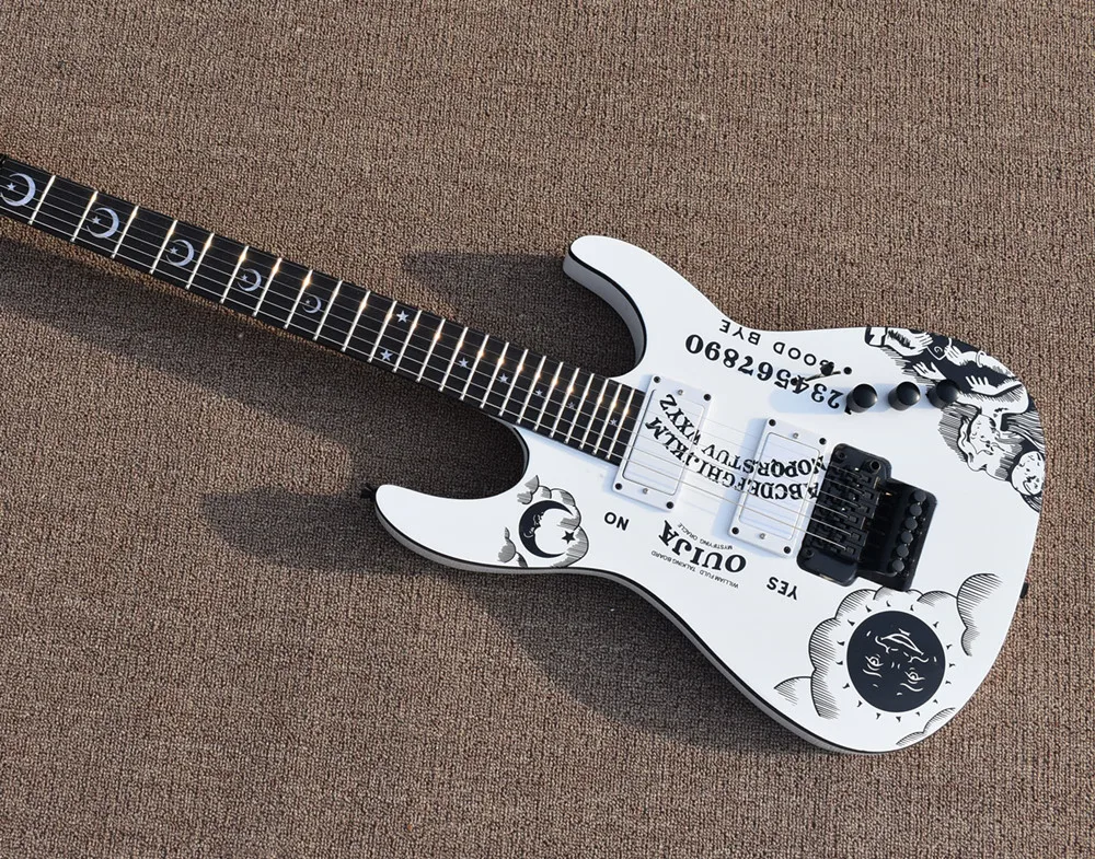 Custom white electric guitar with moon goddess pattern, mahogany fingerboard, custom service.
Custom white electric guitar with moon goddess pattern, mahogany fingerboard, custom service.