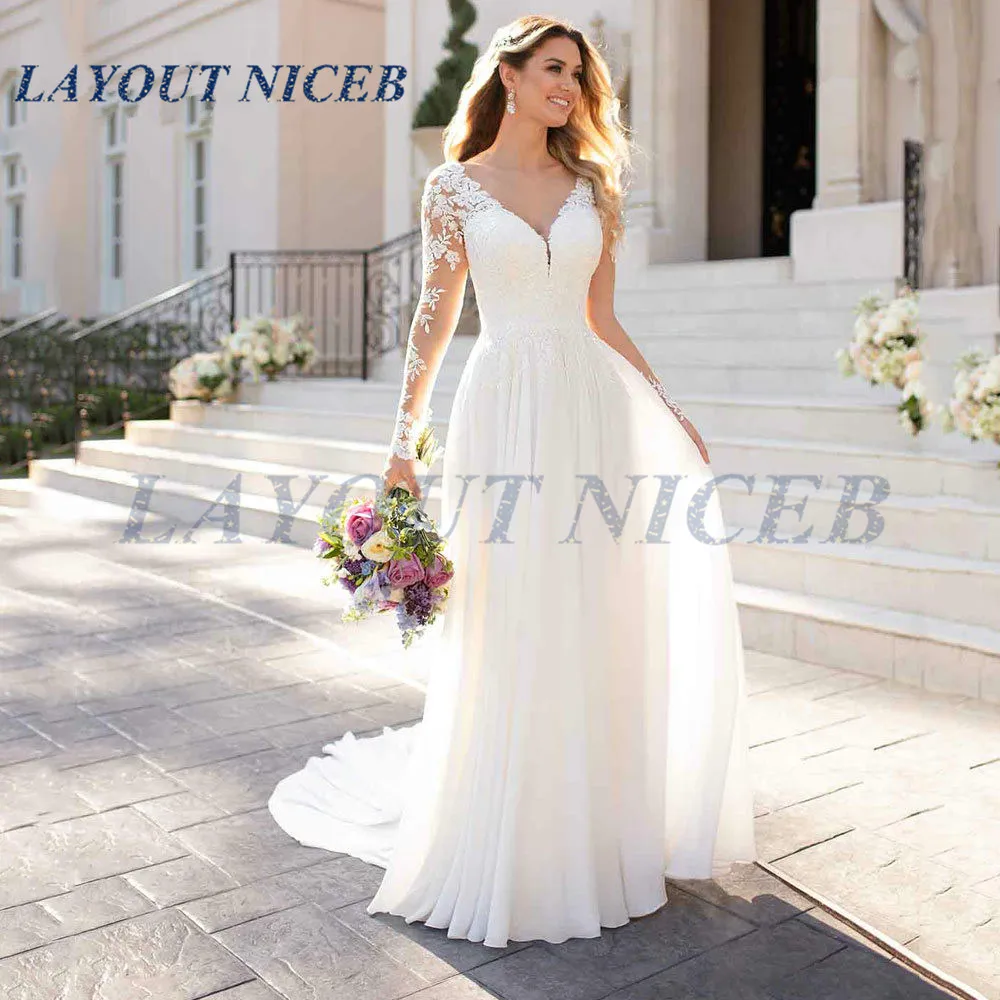2019 Illusion Chiffon Wedding Dresses with Appliques Robe de mariage V neck Long Sleeves vestido de noiva Backless Bridal Gowns
2019 Illusion Chiffon Wedding Dresses with Appliques Robe de mariage V neck Long Sleeves vestido de noiva Backless Bridal Gowns