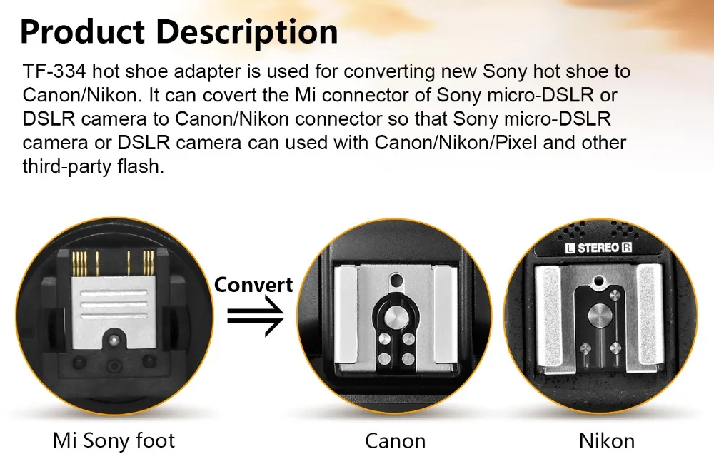 Pixel TF-334 Mi Hot Shoes Adapter For Converting Sony A7 A7S A7SII A7R A7RII A7II Camera for Canon Nikon Yongnuo Flash Speedlite