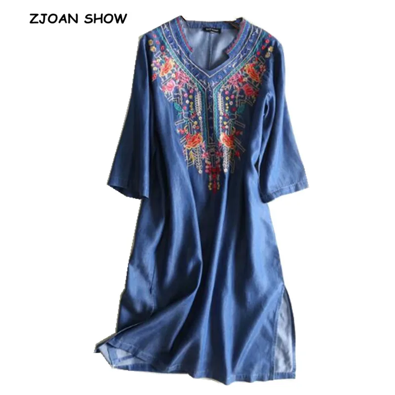 2019 New Spring V neck Casual Geometric Embroidery Denim Dress Women Vintage Ethnic Split Hem Jeans Shirt Dresses Vestidos Robe
2019 New Spring V neck Casual Geometric Embroidery Denim Dress Women Vintage Ethnic Split Hem Jeans Shirt Dresses Vestidos Robe