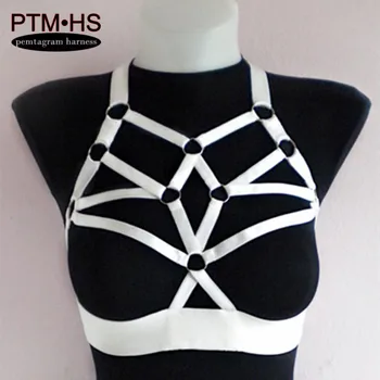 

PENTAGRAM HARNESS Goth Women's Cage body Harness Black Elastic Adjust Strappy Tops Halter Bra Fetish Erotic Bdsm bondage Harness