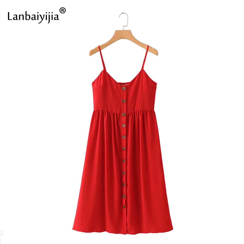 Lanbaiyijia Newest Sweet Solid Spaghetti Strap Dress V-Neck Sleeveless Fashion Women dress Single breasted Mini Dresses 2 Color
Lanbaiyijia Newest Sweet Solid Spaghetti Strap Dress V-Neck Sleeveless Fashion Women dress Single breasted Mini Dresses 2 Color