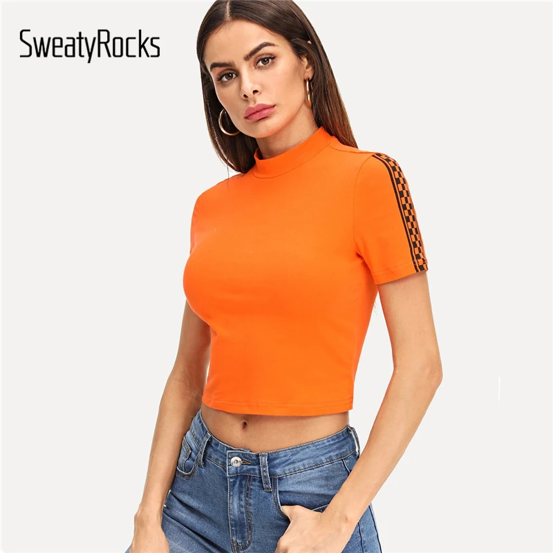 SweatyRocks Neon Color Mock Neck Plaid Panel Crop Tee Short Sleeve Slim Fit Skinny Tops 2019 Summer Women Streetwear Basics Tees
SweatyRocks Neon Color Mock Neck Plaid Panel Crop Tee Short Sleeve Slim Fit Skinny Tops 2019 Summer Women Streetwear Basics Tees