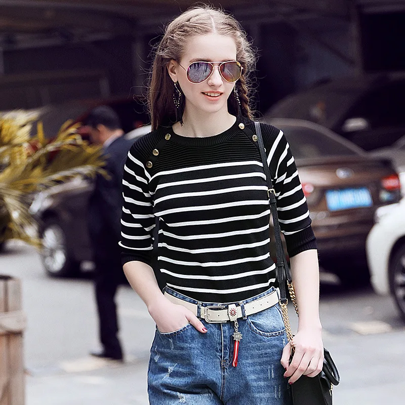 Quality Women Pullover Sweater Spring Autumn Half Sleeve Pullovers Button Decoration Striped Knitted Sweaters Female Tops D313 
Quality Women Pullover Sweater Spring Autumn Half Sleeve Pullovers Button Decoration Striped Knitted Sweaters Female Tops D313