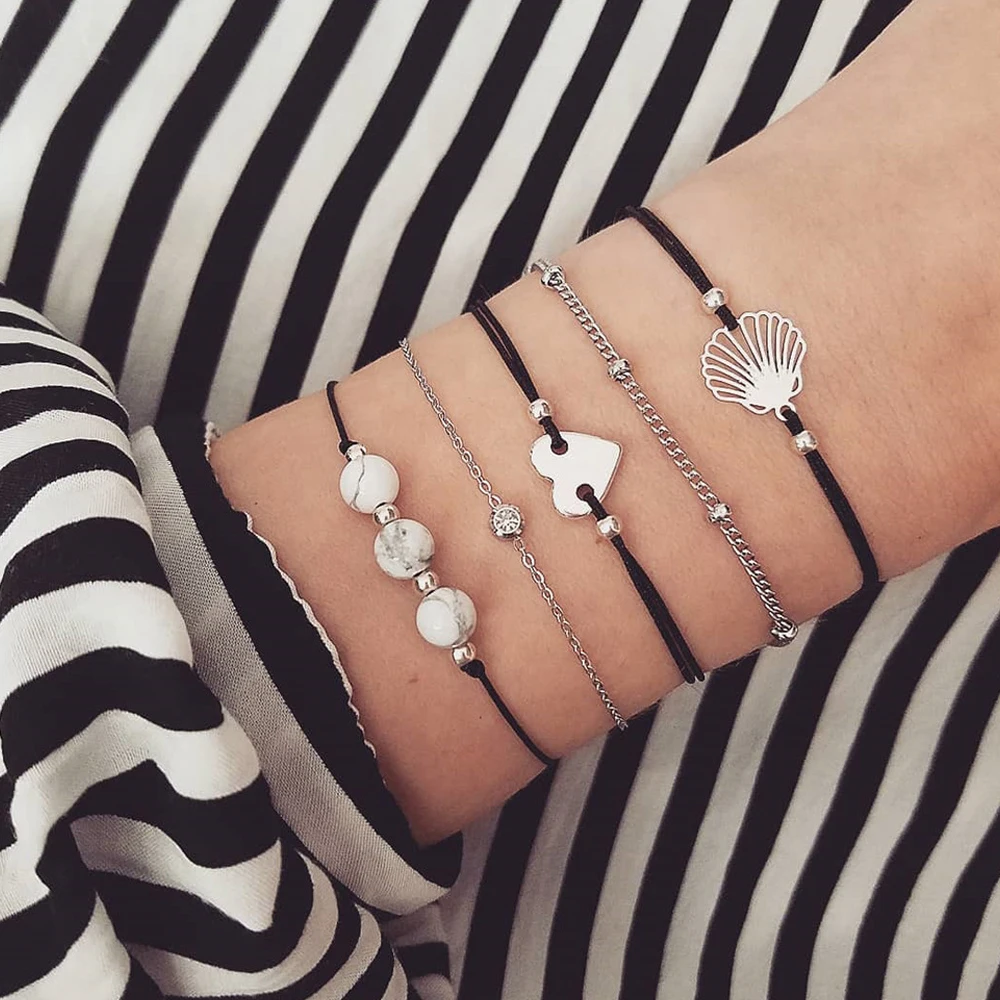 5 Pcs/set Bohemian Simple Crystal Wafer Point Love Heart Hollow Shell Silver Bangle Set Women Sexy Beach Bracelet Accessories
5 Pcs/set Bohemian Simple Crystal Wafer Point Love Heart Hollow Shell Silver Bangle Set Women Sexy Beach Bracelet Accessories