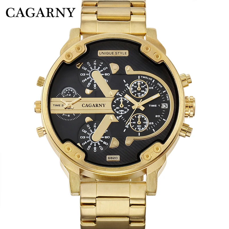 

52MM Big Case Gold Watch Men Stainless Steel Band Fashion Mens Quartz Watches Man Dual Times Military relogio masculino Cagarny