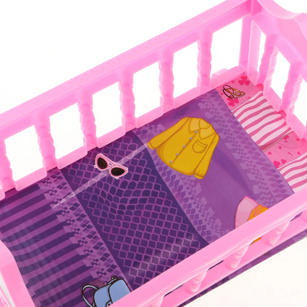 Sweet plastic rocking bed baby doll cradle model for 20cm dolls house or nursery bedroom furniture Pink