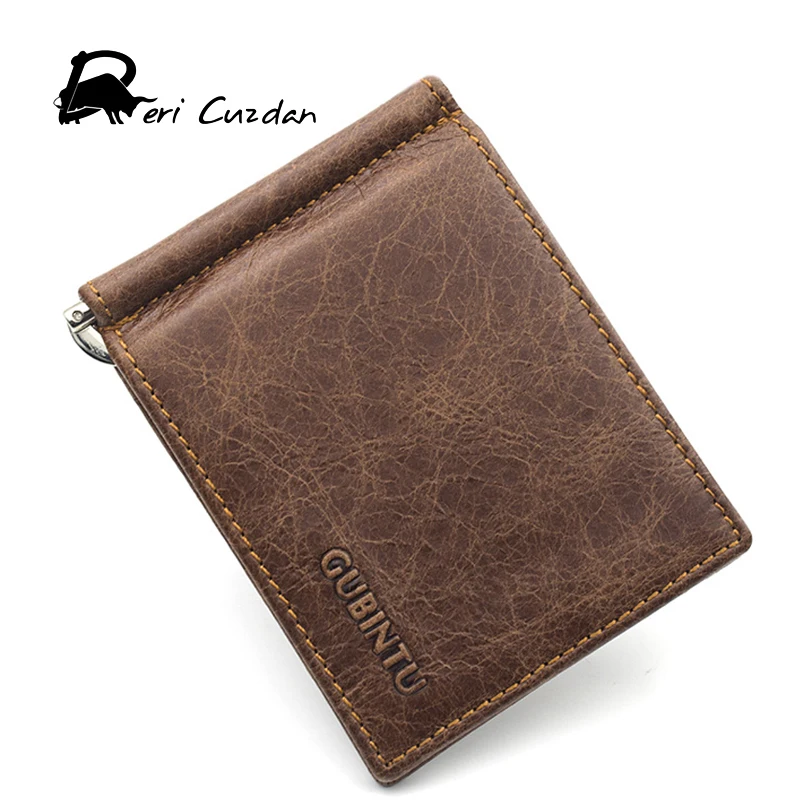 Image DERI CUZDAN Famous Brand Men s Money Clip Vintage Genuine Cowhide Leather Portfolio Men wallet Open Clamp For Money Card Holder