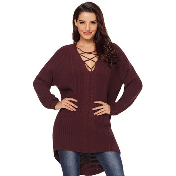 Autumn Winter Big Size Sexy V Neck Midi Sweater For Women Bust Cross Front High Back Low Irregular Hem Pullover Tops For Ladies 
Autumn Winter Big Size Sexy V Neck Midi Sweater For Women Bust Cross Front High Back Low Irregular Hem Pullover Tops For Ladies