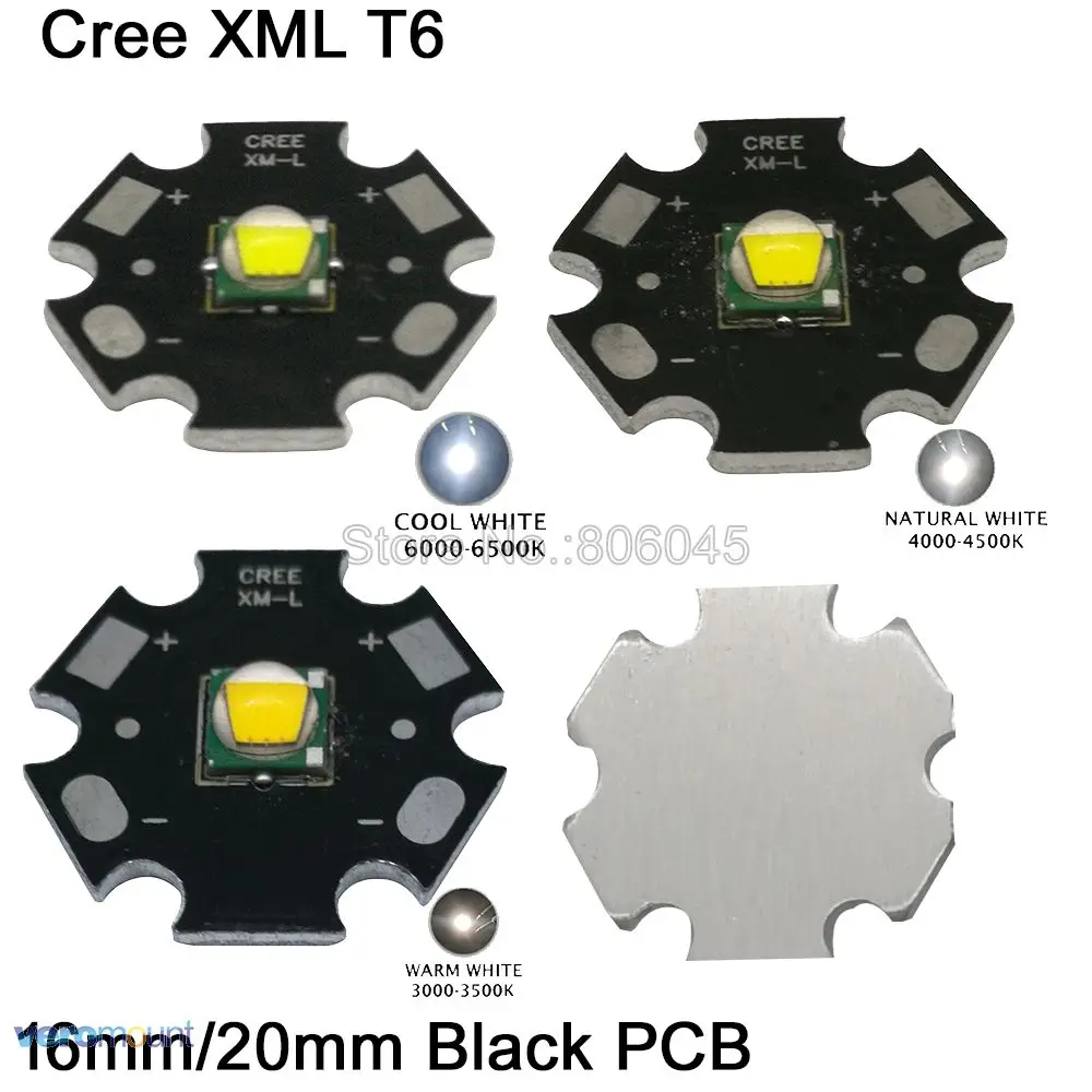 

CREE XML XM-L T6 10W Cool White 6500K Neutral White 4500K Warm White 3000K High Power LED Emitter 16mm 20mm Black Aluminum PCB