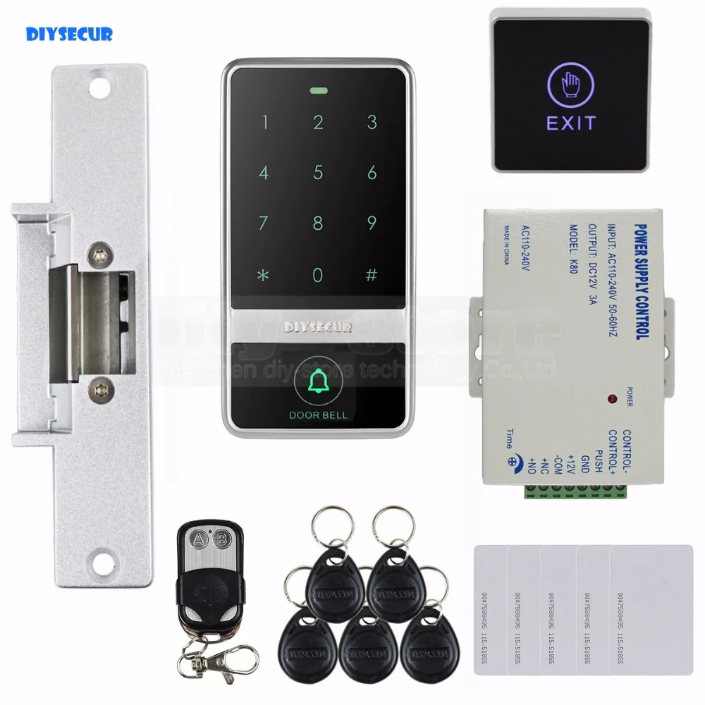 DIYSECUR Touch Button 125KHz RFID Reader Password Keypad + Strike Lock + Remote Control Door Access Control Security System Kit
DIYSECUR Touch Button 125KHz RFID Reader Password Keypad + Strike Lock + Remote Control Door Access Control Security System Kit