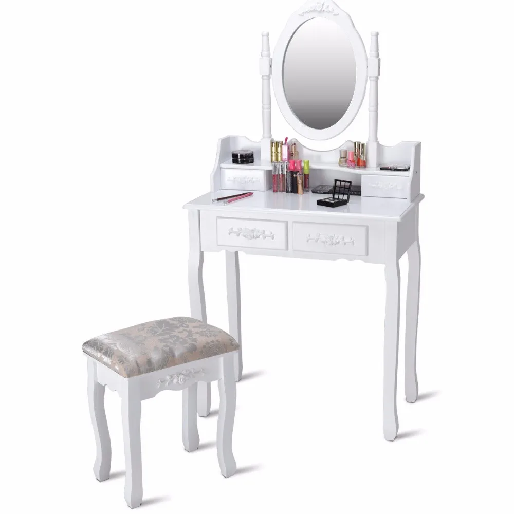 Women White Dresser Wood Makeup Vanity Table Stool Set Jewelry