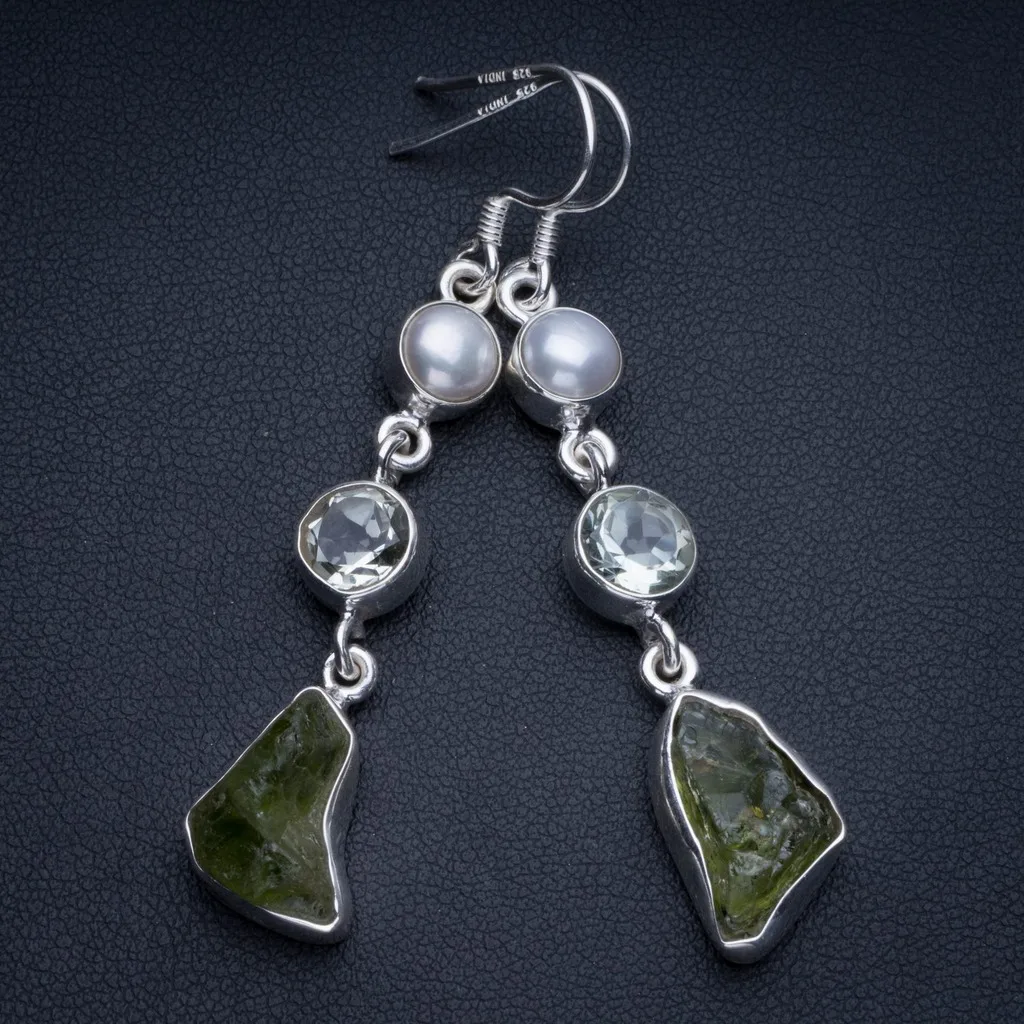Natural Rough Moldavite,Green Amethyst&River Pearl 925 Sterling Silver Drop Earrings 2 1/4" R2176
Natural Rough Moldavite,Green Amethyst&River Pearl 925 Sterling Silver Drop Earrings 2 1/4" R2176