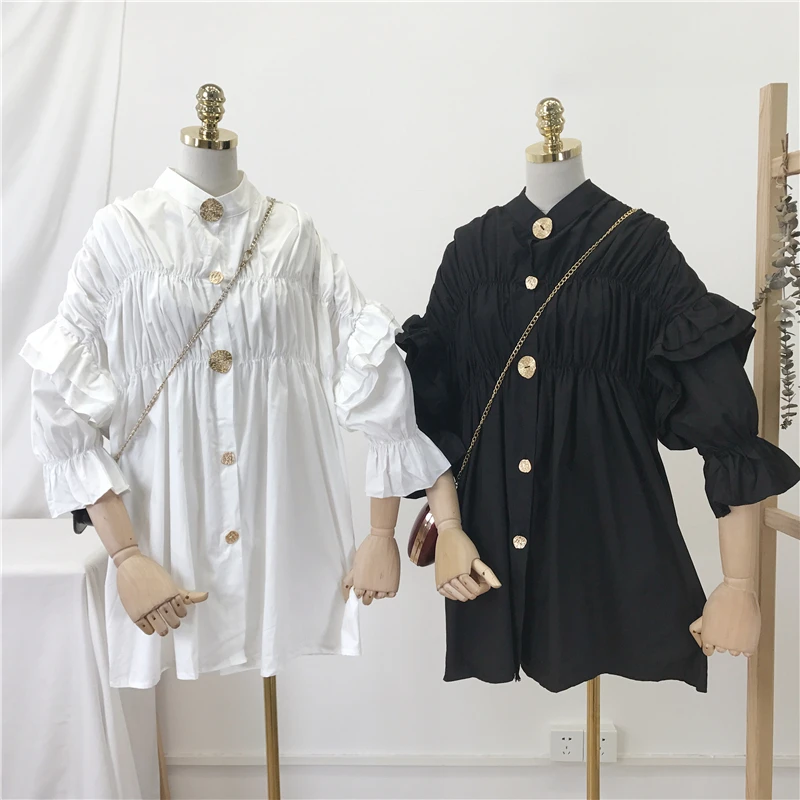 2019 Spring Loose Retro Shirt Elegant Women Ruffle Blouse Cotton Streetwear Full Button Solid Mandarin Collar Puff Sleeve
2019 Spring Loose Retro Shirt Elegant Women Ruffle Blouse Cotton Streetwear Full Button Solid Mandarin Collar Puff Sleeve