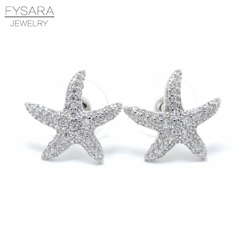 Image FYSARA Charm Elegant Silvercolor Starfish Stud Earrings For Women Full Cubic Zirconia Earrings Love Ocean Star Earring Jewelry