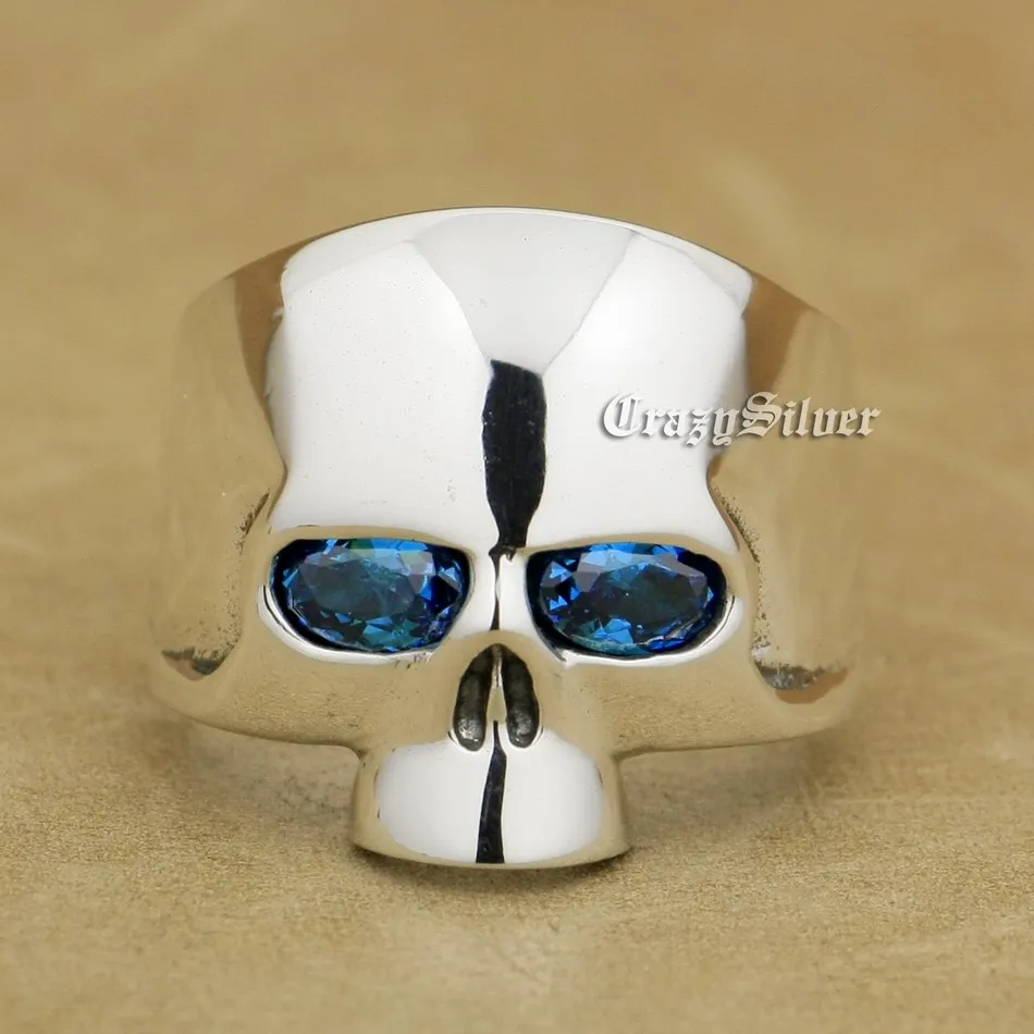 

925 Sterling Silver Blue CZ Eyes Skull Mens Biker Rocker Punk Ring 9G103 US Size 7~15