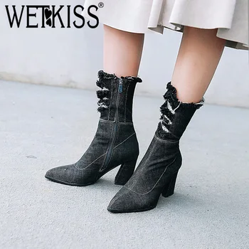 WETKISS Denim Thick High Heels Women Boots Holed Ankle Boot 2018 New Pointed Toe Lady Shoes Ripped Autumn Short Plush Footwear
WETKISS Denim Thick High Heels Women Boots Holed Ankle Boot 2018 New Pointed Toe Lady Shoes Ripped Autumn Short Plush Footwear