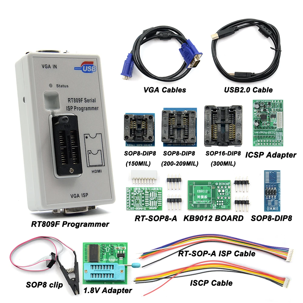 Free Shipping RT809F Programmer with 11 adapters Newest Version +1.8v adapter+SOP8 test clip
Free Shipping RT809F Programmer with 11 adapters Newest Version +1.8v adapter+SOP8 test clip