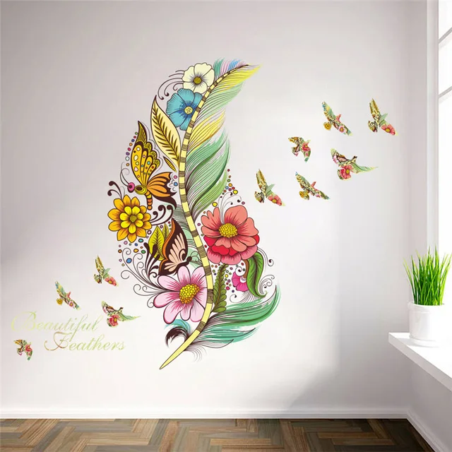 

% 3d vivid feather butterfly birds flower wall stickers home decoration living room pvc wall decals diy mural art posters