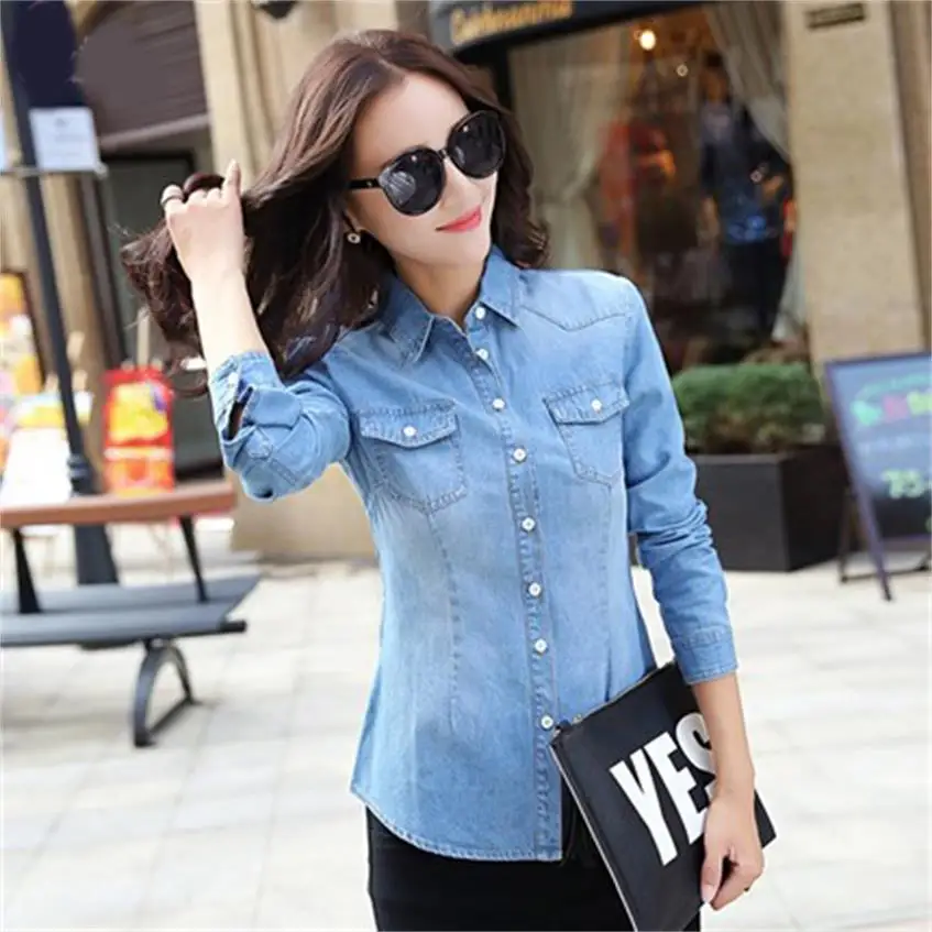 Spring and Autumn College style self-thin denim shirt female long-sleeved casual wild large size shirt thin section
Spring and Autumn College style self-thin denim shirt female long-sleeved casual wild large size shirt thin section