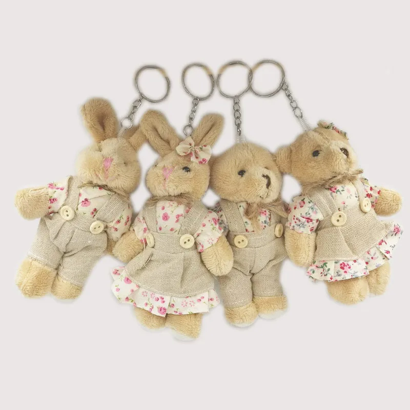 Couple Bear Rabbit Plush Toys 2017 New Floral Cloth Teddy Bear Rabbit Bunny Dolls Key Bag Pendants Lovers Friends Gift 11cm 1 Pair  (7)