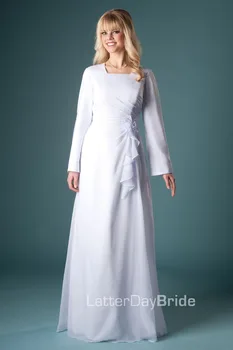 Simple White A-line Full Length Modest Full Long Sleeves Ruffles Chiffon Temple Wedding Dress With Sleeves
Simple White A-line Full Length Modest Full Long Sleeves Ruffles Chiffon Temple Wedding Dress With Sleeves