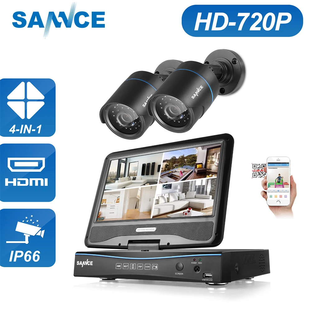 

SANNCE 4CH Security DVR with Build-in 10.1" LCD Monitor and 2pcs 1.0MP Surveillance Wired HD 720P Cameras free collocation DR