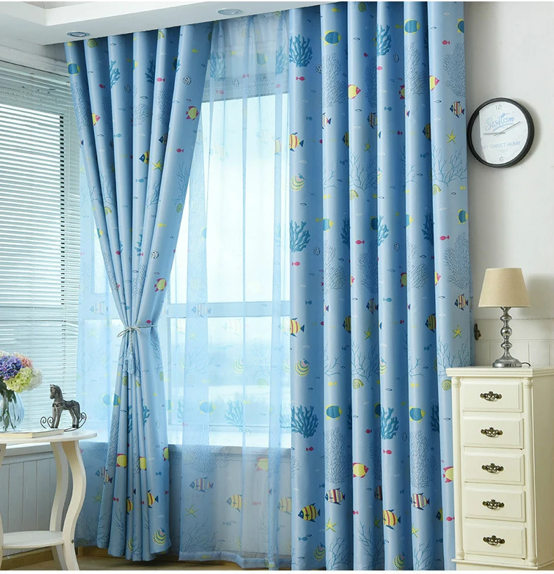 Cartoon Fish Sea Coral Print Curtain Mediterranean Kids Boys Girl