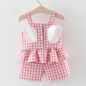 

Toddler Kids Baby Girls Strap Ruffled Wing Plaid Tops Shorts 2Piece Child Infant Sets Outfits 1-3 Years birthday Clothes Suit