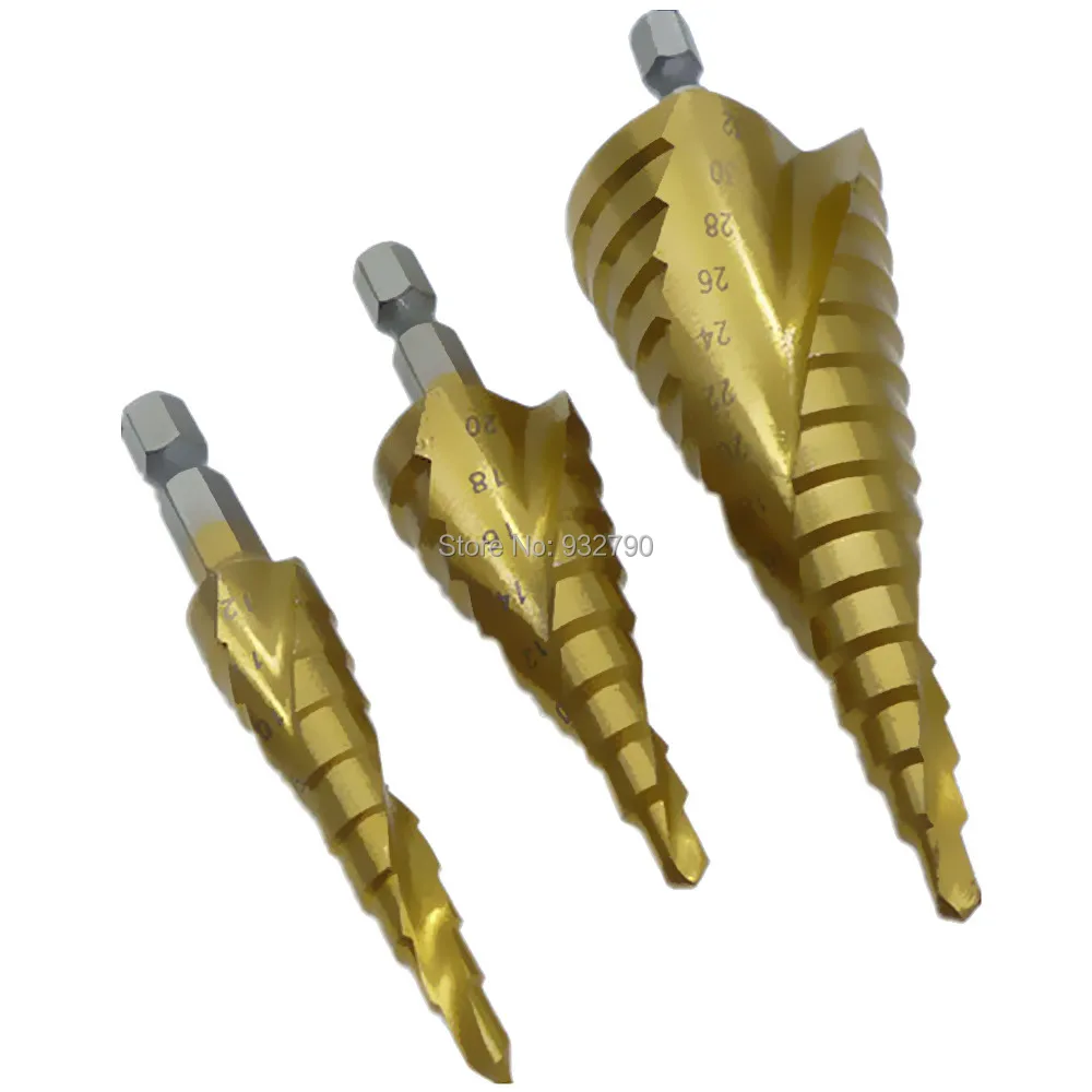 3x Hss Drill Bit Step Cutter Set Titanium Cone Hole 4-12,4-20,4-32mm Spiral Flute 1/4" Hex Shank Step Cone Drill Hole Cutter Bit
3x Hss Drill Bit Step Cutter Set Titanium Cone Hole 4-12,4-20,4-32mm Spiral Flute 1/4" Hex Shank Step Cone Drill Hole Cutter Bit