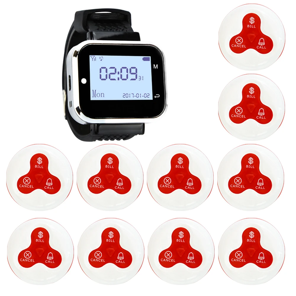 Колокольчики Беспроводной вызова Системы 10 кнопки 1 часы пейджер для ресторана