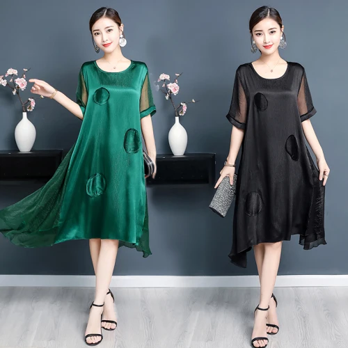 2019 summer women's dress short-sleeved round neck silk dress middle-aged mother noble loose round patch long party dress
2019 summer women's dress short-sleeved round neck silk dress middle-aged mother noble loose round patch long party dress