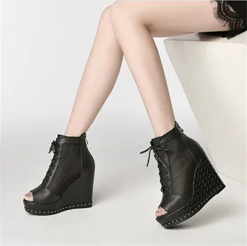 PXELENA Rivet Genuine Leather Women Summer Mesh Ankle Boots Gladiator Sandals Peep Toe Lace Up Punk Rock Gothic Wedge Heel Shoes
PXELENA Rivet Genuine Leather Women Summer Mesh Ankle Boots Gladiator Sandals Peep Toe Lace Up Punk Rock Gothic Wedge Heel Shoes
