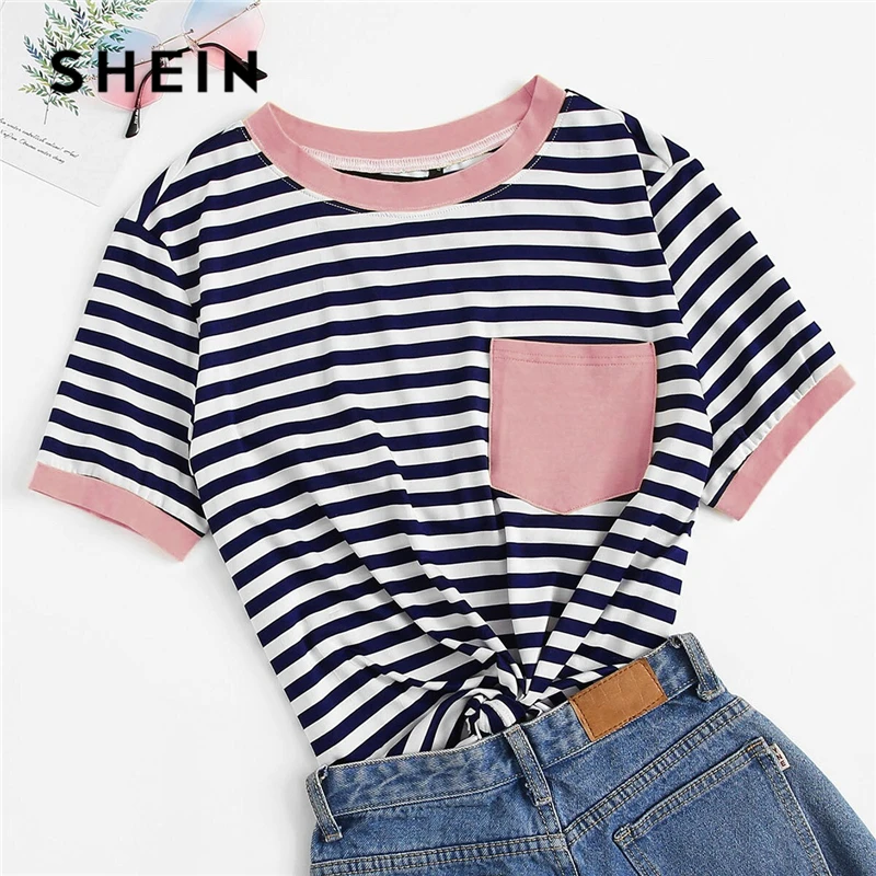 

SHEIN Plus Size Patch Pocket Striped Ringer Top Tee Women Summer Preppy Round Neck Striped Contrast Binding Stretchy T-shirt