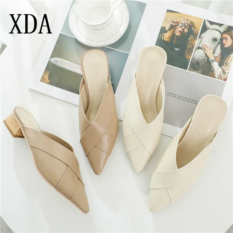 

XDA Women Sandals Female Fashion Casual Crossed Knit Point Toe summer slipper low Heels Woman Slippers retro Mules Shoes D231