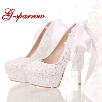 White Lace and Glitter Bride Shoes Round Toe Ribbon Bow Wedding Shoes High Heel Platform Women Party Dress Shoes Bridesmaid Pump
White Lace and Glitter Bride Shoes Round Toe Ribbon Bow Wedding Shoes High Heel Platform Women Party Dress Shoes Bridesmaid Pump