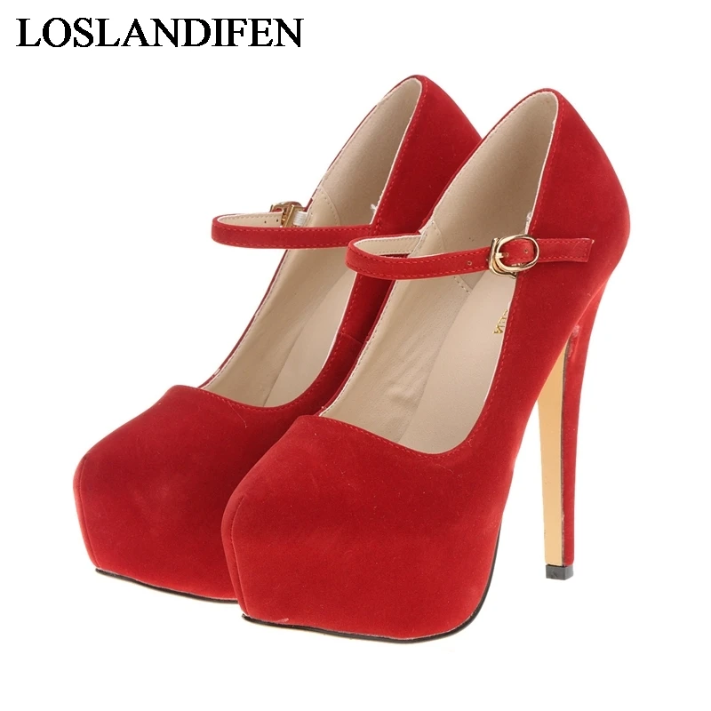 

Black Red Women Shoes Platform Pumps Thin High Heels Stilettos Closed Toe Rubber Sloe Fashion Ladies Shoes Big Size NLK-A0040