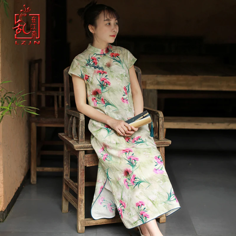 

LZJN 2019 Women Summer Retro Vestido Chinese Qipao Dress Long Traditional Mandarin Collar Chinese Dress Flower Printed Cheongsam