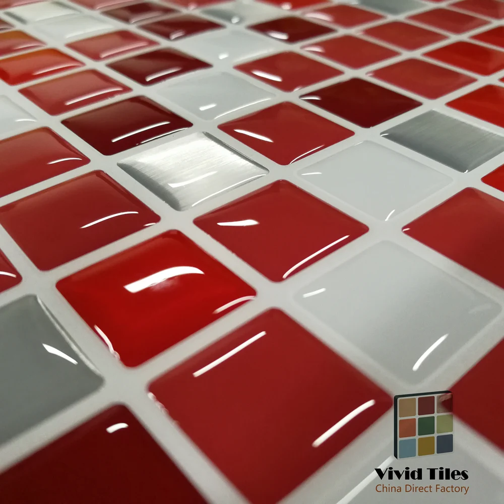 

Vividtiles 3D Effect Waterproof Vinyl Wallpaper 3D Peel and Stick Colorful Red Mosaic Wall Tiles Sticker - 1 Sheet