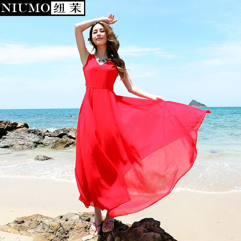 NIUMO Beach chiffon red one-piece dress summer female full dress high waist loose V-neck beach dress